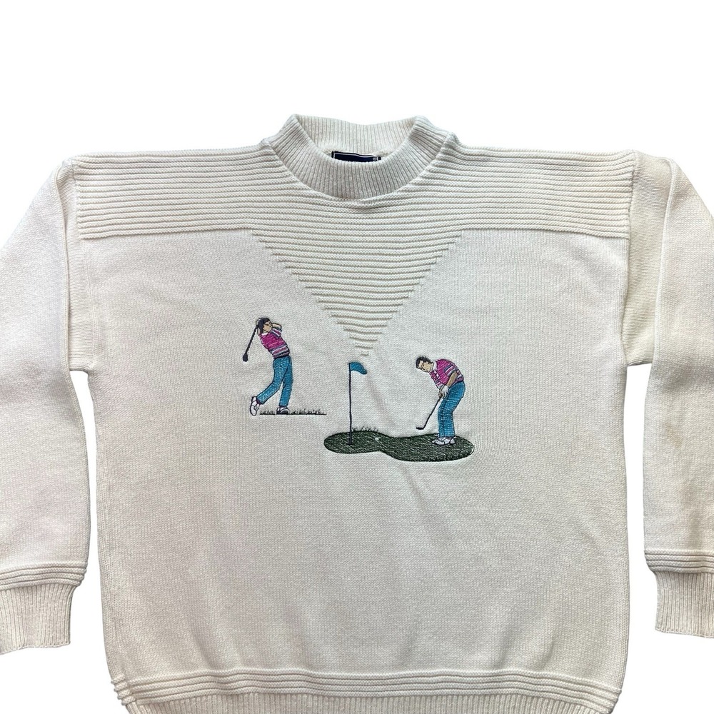 Vintage Golf Sweater Embroidered Golfer Mock Neck Knit Made USA Seth Roberts L